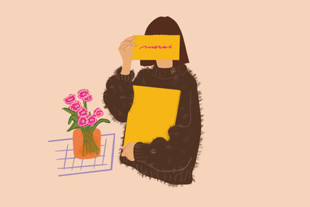 Woman in brown sweater holding books with yellow cover on background. Vector illustration