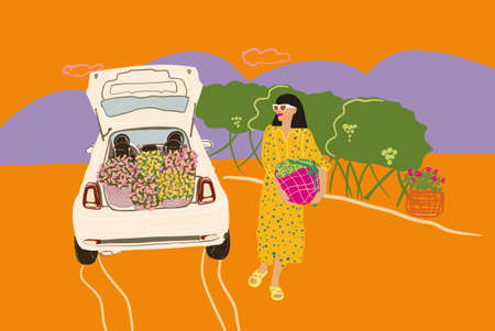 Young woman in dress carrying bag with flowers outdoors on nature. Car with opened car trunk full of flowers. Concept of beauty and Italian lifestyleのイラスト素材