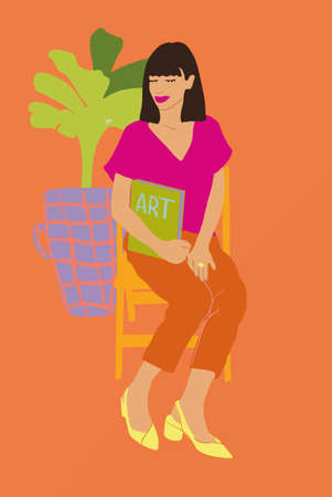 Vector illustration of a young woman sitting with book, green plant on background. Concept of study and styleのイラスト素材