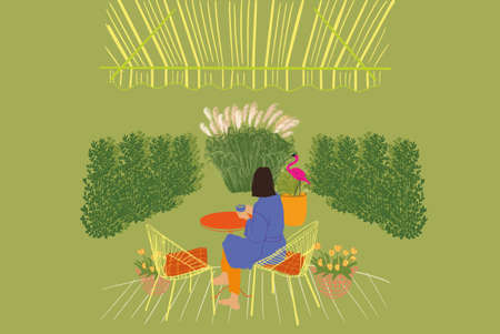 Young woman drinks coffee while sitting and relaxing on the terrace at her backyard, pampas grass and bushes on background. Vector illustrationのイラスト素材