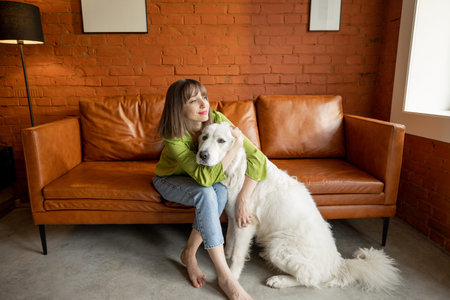 Young woman hugs with her white adorable dog, while sitting together on a couch at home. Concept of...