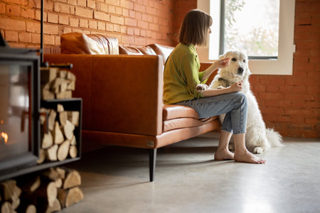 Young woman sitting with her white adorable dog on a couch at home. Concept of friendship with pets...
