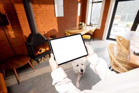 Holding digital tablet with blank screen for copy paste in cozy living room with dog and fireplace...