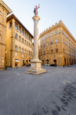 Morning view on Piazza Santa Trinita, triangular square, in Florence city. Travel italian cities of Tuscany. Italian Renaissance architectureの写真素材