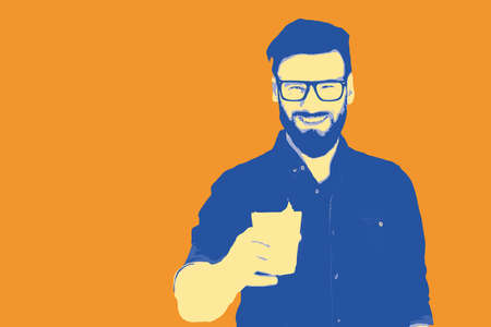 Portrait of a handsome bearded man in t-shirt and eyeglasses with coffee cup on background. Vector illustration in pop art styleのイラスト素材
