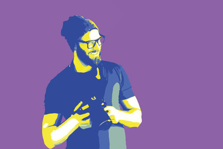 Portrait of stylish hipster standing with photo camera on background. Vector illustration in pop art...