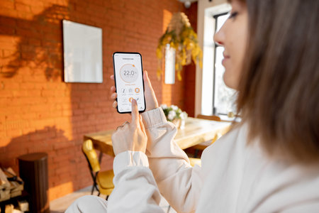 Woman holding phone with running smart home application for heating temperature controlling on...