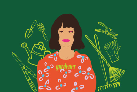 Vector illustration of a young woman with drawings of gardening tools on background. Gardening...
