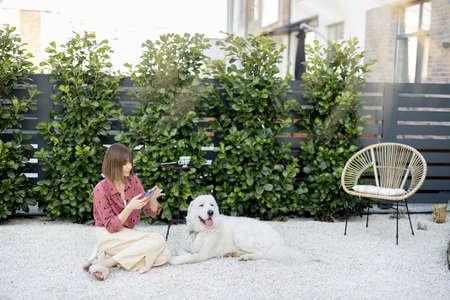 Young woman sitting relaxed with her huge white adorable dog on green hedge background, spending time together at backyard. Friendship with pets and happy leisure time outdoors conceptの写真素材