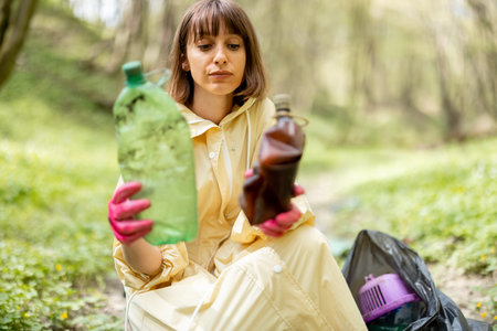 Frustrated woman looks at plastic bottles while collecting scattered plastic garbage in the woods....