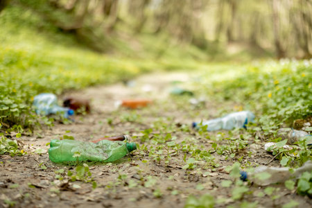 Scattered plastic garbage on a dried river in the woods. Problem of ecology and environmental...