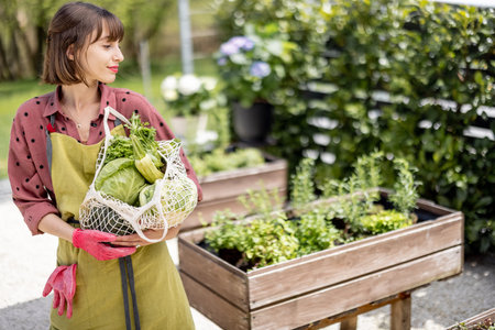 Young housewife holding mesh bag full of fresh vegetables and greens at home garden. Concept of sustainability and organic homegrown foodの写真素材