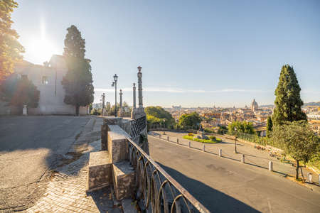 Cityscape of Rome city on a sunny morning. Top view from Borghese park. Skyline of italian cityの写真素材