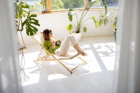 Woman eats healthy bowl while sitting relaxed on sunbed in sunny living room with green plants on...