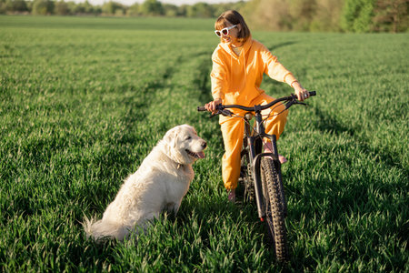 Portrait of a young woman in yellow overalls stands with a bicycle and her white happy dog on...