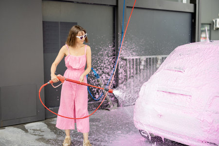 Young woman in pink dress washing her tiny car with nano foam at car wash during summer time. Easy...