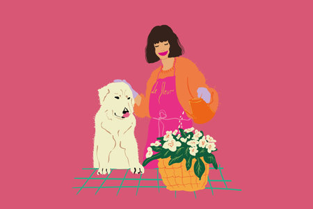 Vector illustration of young woman takes care of flower while standing with her cute dog on backgroundのイラスト素材
