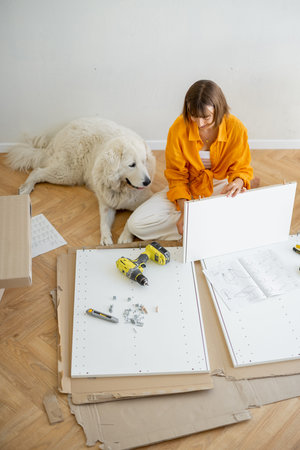 Young woman assembles furniture by herself, sitting and having fun with her cute dog at new apartment. View from above. DIY and house improvement conceptの写真素材