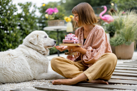 Cheerful woman playing with her adorable white dog, while sitting with festive cake in garden....