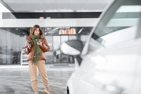 Portrait of a young woman with phone and coffee to go standing near shop at gas station outdoors,...