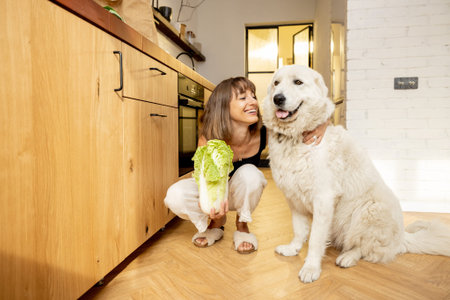 Young woman spends leisure time with her white dog while cooking healthy food in kitchen at modern...