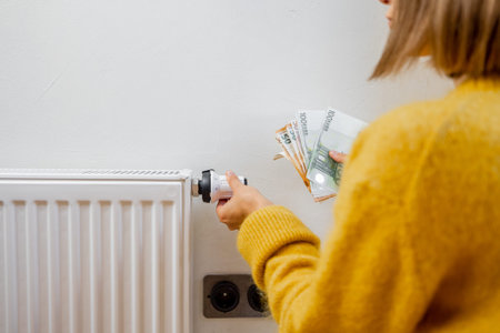 Person holding euro banknotes near heater and regulates temperature with a thermostat at home....