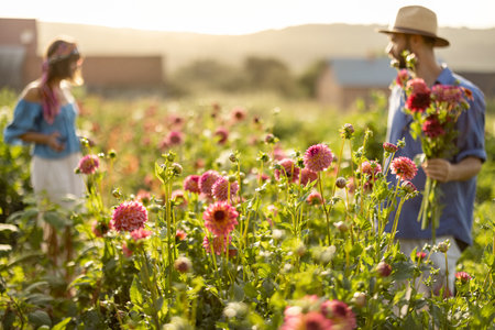 Man and a woman pick up dahlia flowers while working at rural flower farm on sunset. Image focused on flowers in front, people is out of focusの写真素材