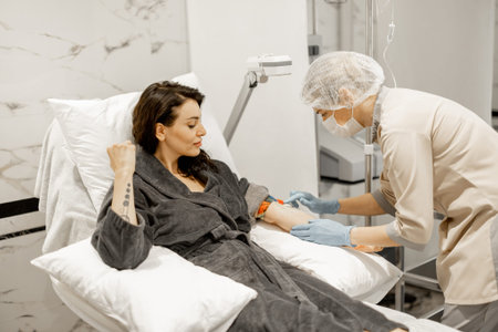 Nurse makes an injection into a vein taking blood for tests or washing blood with a dropper for a...