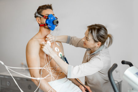Nurse attaches electrodes to a man for a cardio endurance test during physical exercise on bike simulator, examining heart and vascular system. Man in breath mask on faceの写真素材