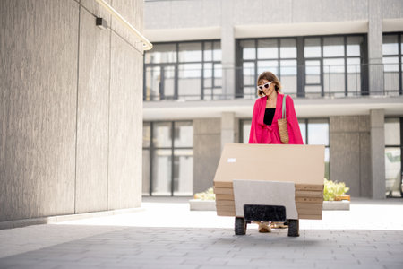 Woman carries furniture in boxes on a cart, delivering them home. Process of self improvement apartment, buying furniture and deliveryの写真素材