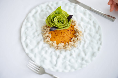 Beautiful haute cuisine vegetarian dish decorated with avocado flower, view from aboveの写真素材