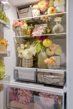 Household refrigerator is full of different cuted flowers in vases on shelves. Concept of beauty and storage of flowers at homeの写真素材