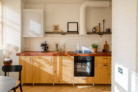 Kitchen in beige tones with wooden facades and floor. Interior of stylish and sunny studio apartment. Real photoの写真素材