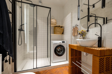 Srylish bathroom interior in white and terracotta tone with a shower, washing machine and table made of bricksの写真素材