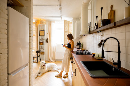 Woman uses smart phone while standing with her dog in kitchen. Interior of modern and stylish kitchen in beige tones. Domestic lifestyle conceptの写真素材