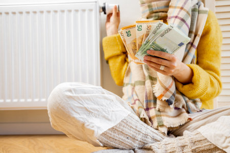 Warmly dressed woman counting money while sitting near radiator at home. Concept of expensive energy resources and the energy crisis in Europeの写真素材
