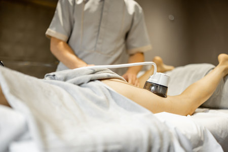 Applying vacuum roller massage to female leg using a special nozzle at beauty medical center. Concept of modern medical procedures for beautyの写真素材