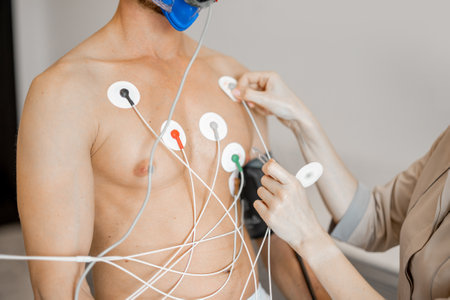 Torso of man athlete with electrodes, testing heart system on bike simulatorの写真素材