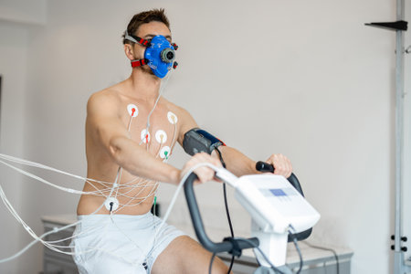 Man athlete with breath mask and electrodes training on bike simulator, examining his cardiovascular system at medical officeの写真素材