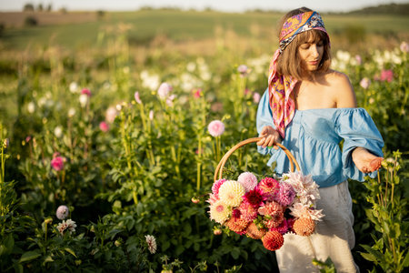 Portrait of a young stylish woman stands with a basket full of colorful freshly picked up dahlias on rural flower farm on sunsetの写真素材