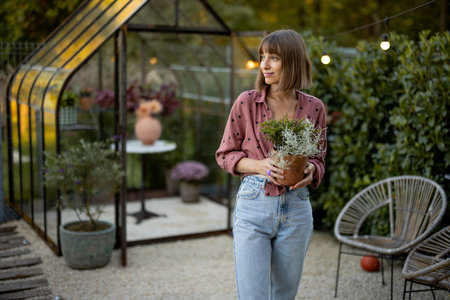 Young woman gardener carries flower pot with herbs on backyard with a beautiful glasshouse for plants on backgroundの写真素材