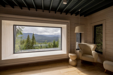 Wooden house interior with panoramic window and scenic view on the mountains. Comfortable lounge place in cornerの写真素材