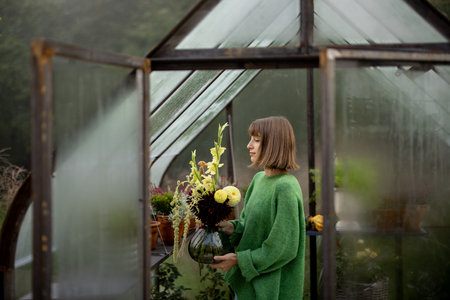 Young woman putting bouquet of flowers on shelf in tiny orangery at backyard. Vintage greenhouse made of rusty metal and glassの写真素材