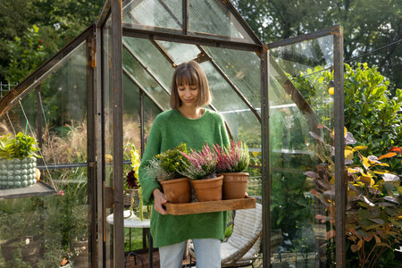 Young woman florist walks with flower pots, taking care of plants at beautiful backyard with glasshouse. Hobby, growing plants conceptの写真素材