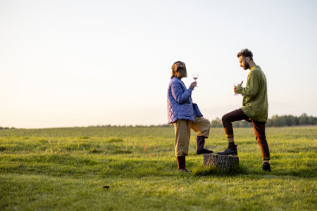 Young stylish couple hang out together, talking and drinking wine on green field during sunset. Spending autumn time outdoorsの写真素材