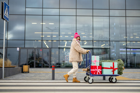 Woman pushing shopping trolley full of presents and Christmas tree in front of a mall outdoors. Winter holidays shopping conceptの写真素材