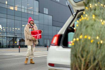 Young cheerful woman in winter clothes stands with a gift box near shopping mall and Christmas tree in front. Concept of shopping for winter holidaysの写真素材