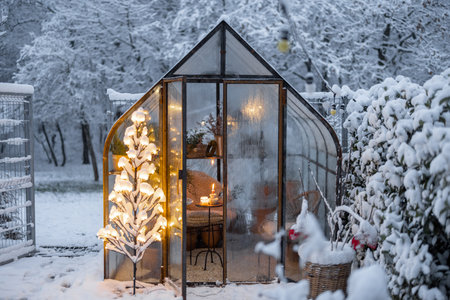 Beautiful snowy yard with vintage greenhouse and glowing tree garland. Concept of New Year holidays and winter magicの写真素材