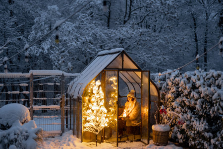 Beautiful snowy yard with vintage greenhouse and glowing tree garland. Woman with candle sitting inside. Concept of New Year holidays and winter magicの写真素材