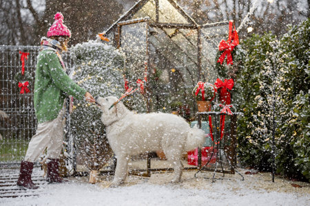 Young cute woman plays with adorable dog at beautifully decorated backyard during snowy weather. Concept of happy winter holidaysの写真素材